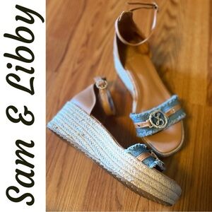 Sam & Libby Sam Edelman Blue and Tan Espadrille Preppy  Wedges w Gold Hardware